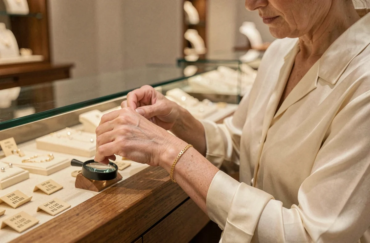 Femme examinant un bracelet en or jaune dans une bijouterie avec une loupe, évaluant le prix et la qualité