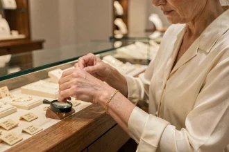 Femme examinant un bracelet en or jaune dans une bijouterie avec une loupe, évaluant le prix et la qualité