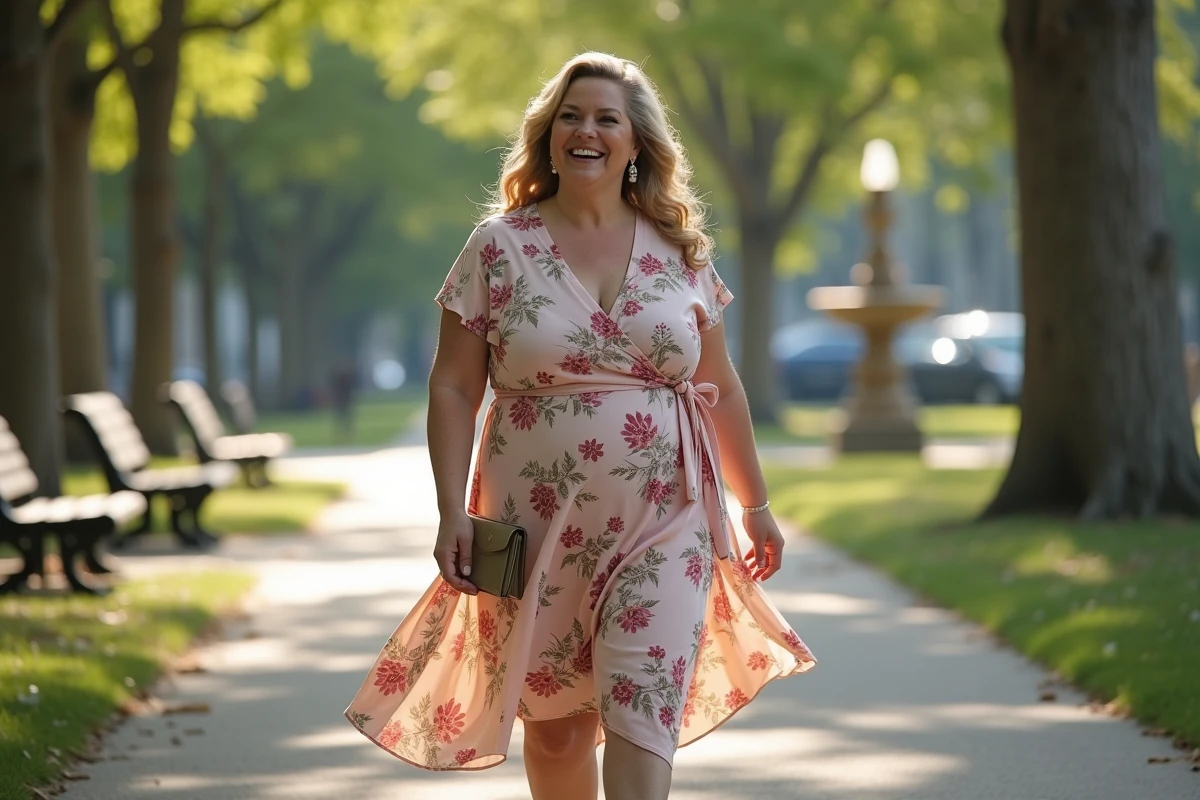 Femme confiante en robe florale dans un parc urbain