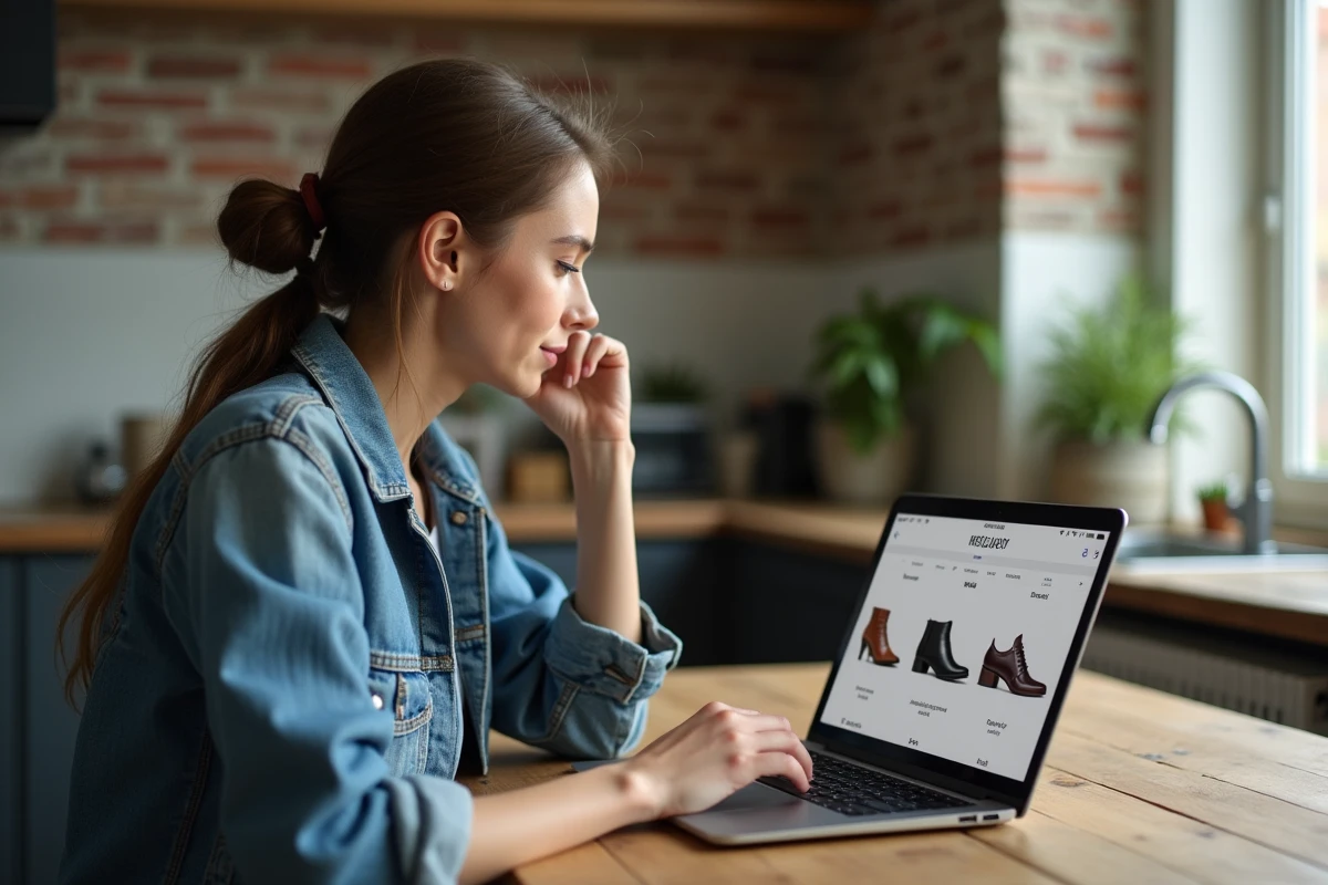 Jeune femme française regardant des chaussures sur son ordinateur
