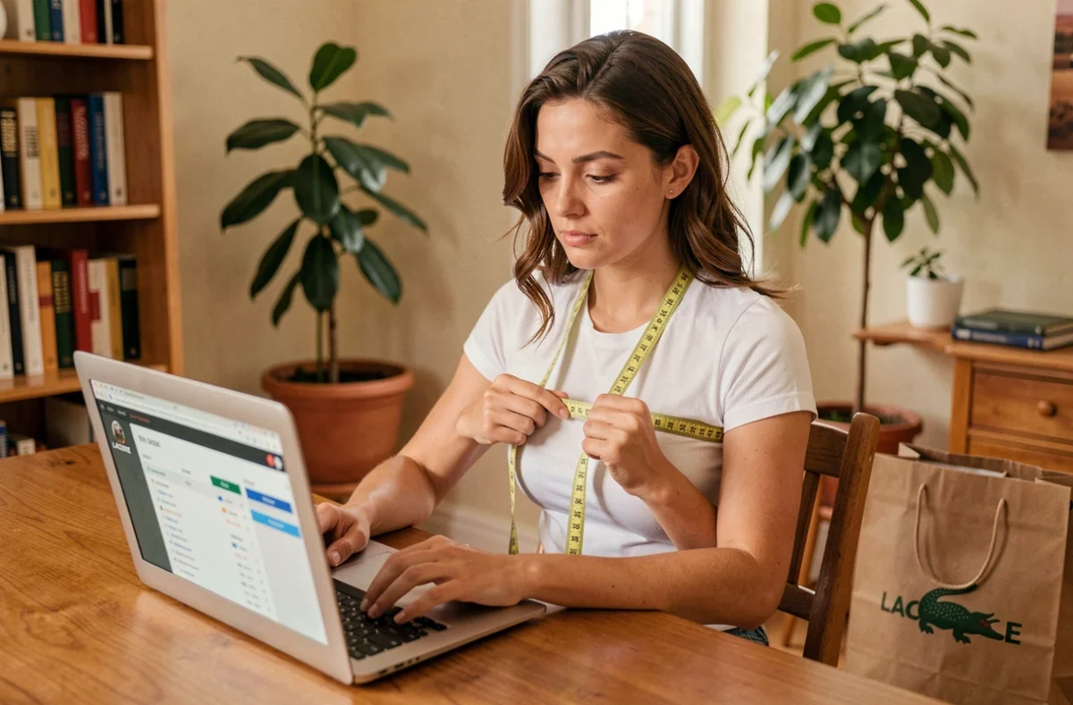 Femme consultant le guide des tailles Lacoste en ligne avec un mètre ruban