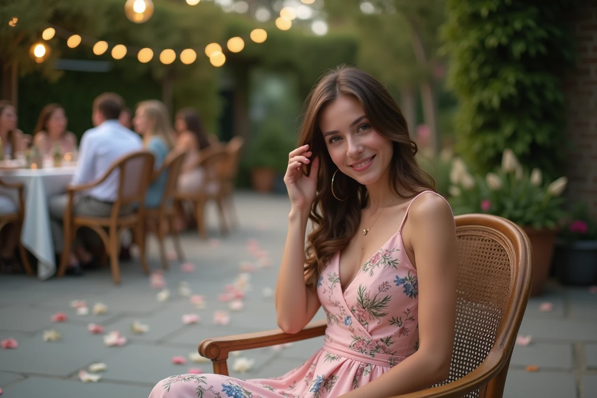 Jeune femme en robe pastel lors d