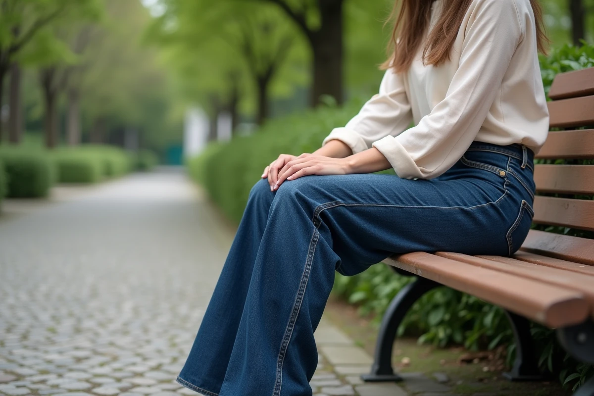 Femme en jean large indigo et top ivoire assise sur un banc dans un parc urbain