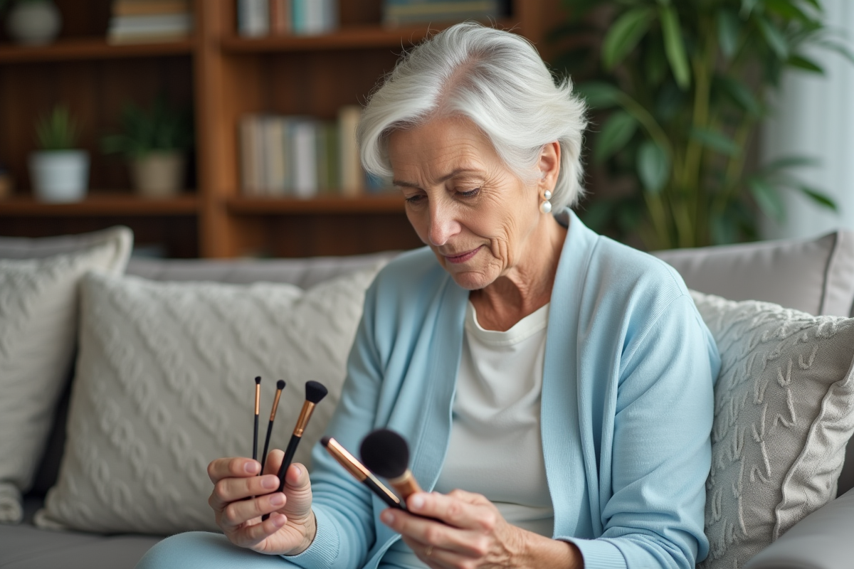 Femme mature examinant des pinceaux de maquillage sur un canapé