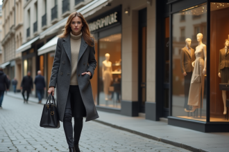 Femme élégante marchant devant boutiques de luxe en ville