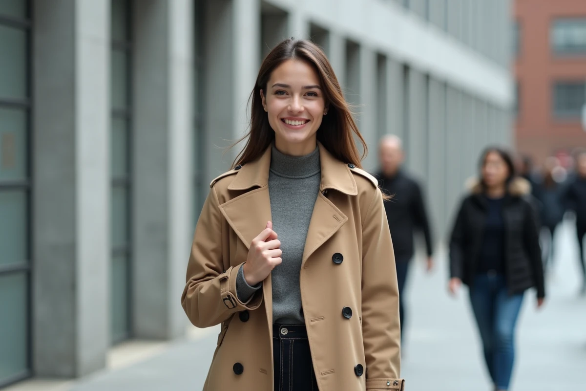 Femme portant un trench réversible en ville dynamique