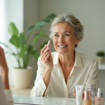 Femme souriante appliquant du fond de teint devant un miroir