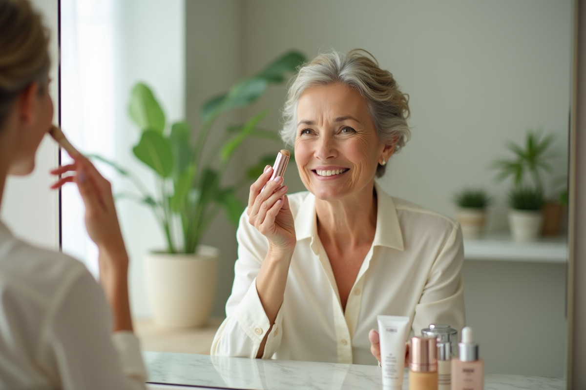 Femme souriante appliquant du fond de teint devant un miroir