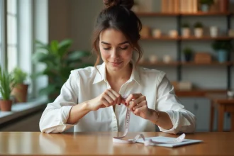 Femme mesurant une bague avec un ruban souple dans un intérieur cosy