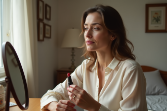 Femme regardant son reflet avec rouge à lèvres