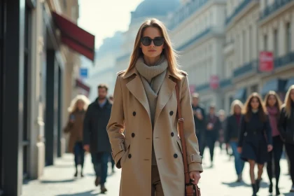 Femme élégante en trench beige lors de la Fashion Week à Paris