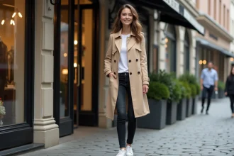 Femme élégante en trench beige devant boutique urbaine