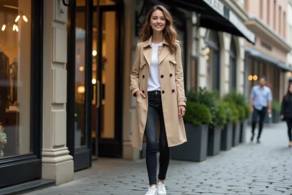Femme élégante en trench beige devant boutique urbaine
