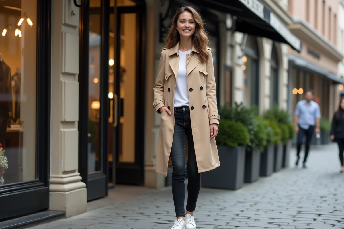 Femme élégante en trench beige devant boutique urbaine