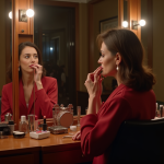 Femme élégante en backstage de théâtre se maquillant