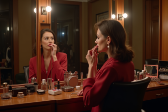Femme élégante en backstage de théâtre se maquillant