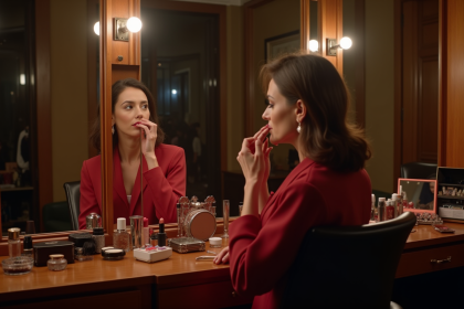 Femme élégante en backstage de théâtre se maquillant