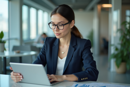 Jeune femme professionnelle analysant des graphiques numériques
