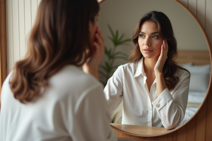 Femme contemplant son reflet dans un miroir dans une chambre moderne