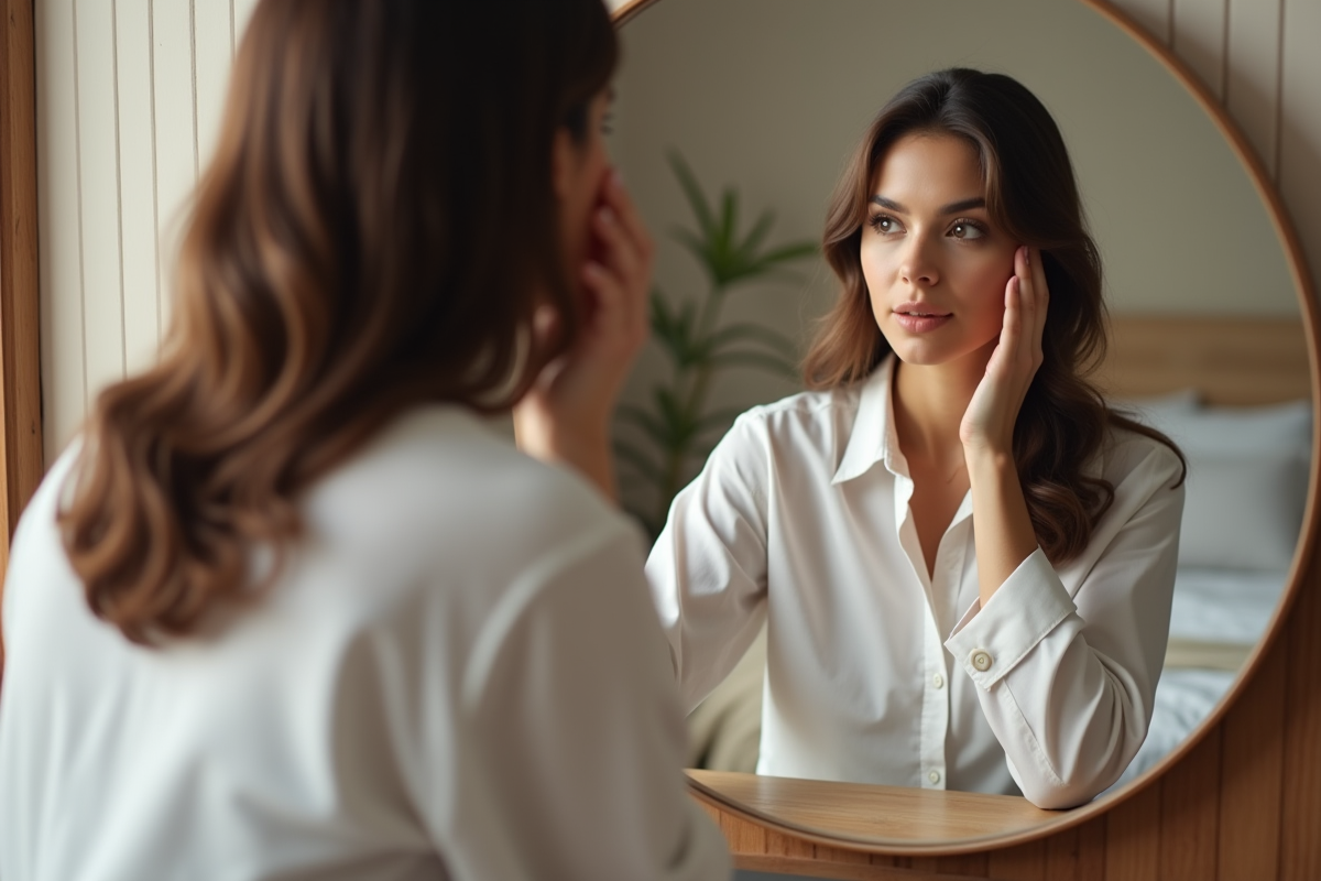Femme contemplant son reflet dans un miroir dans une chambre moderne