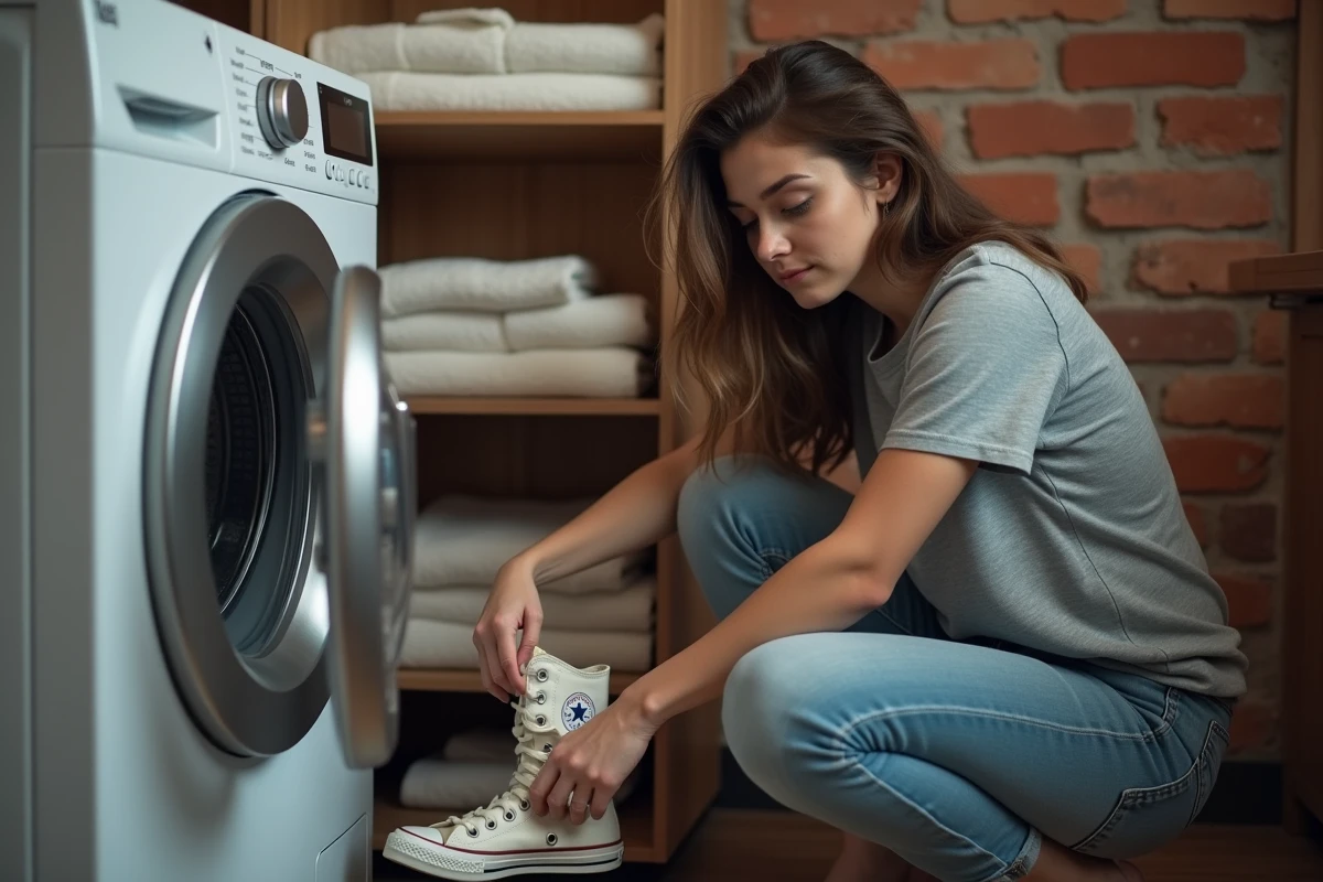 Jeune femme retirant les semelles de ses Converse avant de les mettre dans le lave-linge dans une buanderie d'appartement