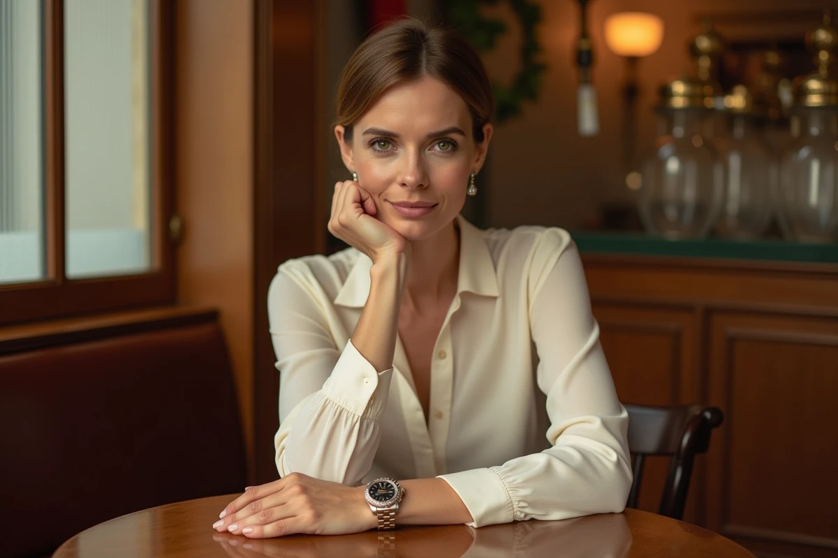Femme élégante portant une Rolex Day-Just bicolore à lunette sertie de diamants dans une brasserie parisienne