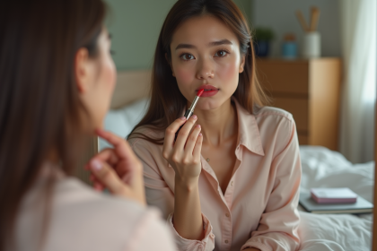 Femme appliquant rouge à lèvres dans un miroir moderne