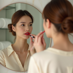Femme appliquant un rouge à lèvres dans un miroir moderne