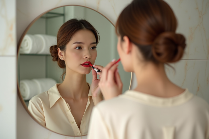 Femme appliquant un rouge à lèvres dans un miroir moderne