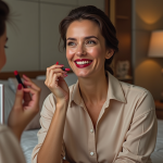 Femme appliquant rouge à lèvres dans un décor moderne