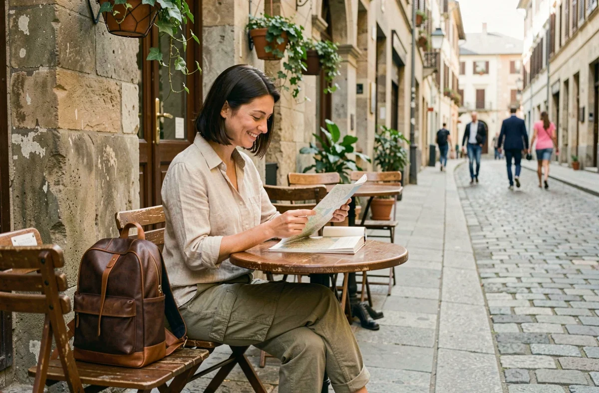 Femme assise en terrasse de café européen avec un sac à dos de voyage compact posé près d'elle