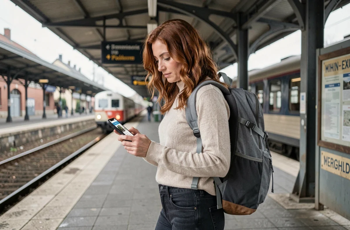 Femme solo sur un quai de gare européenne portant un sac à dos léger de voyage