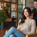 Femme souriante dans un salon de coiffure moderne