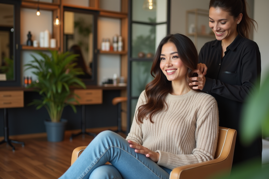 Femme souriante dans un salon de coiffure moderne