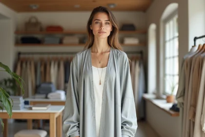 Femme portant un sarouel wassat gris clair et une tunique blanche dans une boutique de vêtements modestes