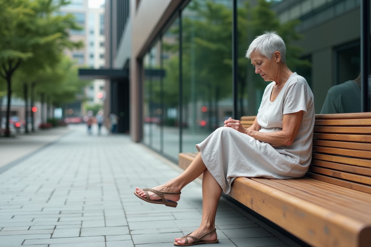 Femme âgée assise sur un banc dans une ville moderne
