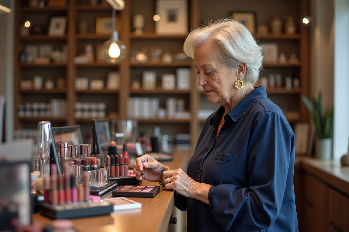 Femme choisissant un rouge à lèvres dans une boutique de cosmétiques