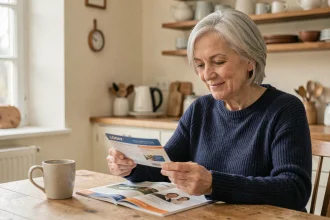 Femme senior tenant une carte de fidélité Damart à la maison en consultant un catalogue client