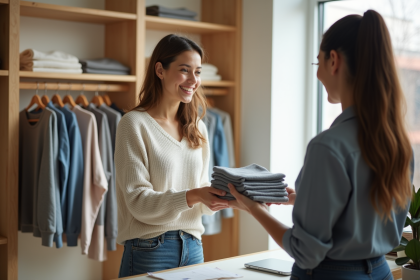 Femme souriante donnant des vêtements propres au personnel en magasin