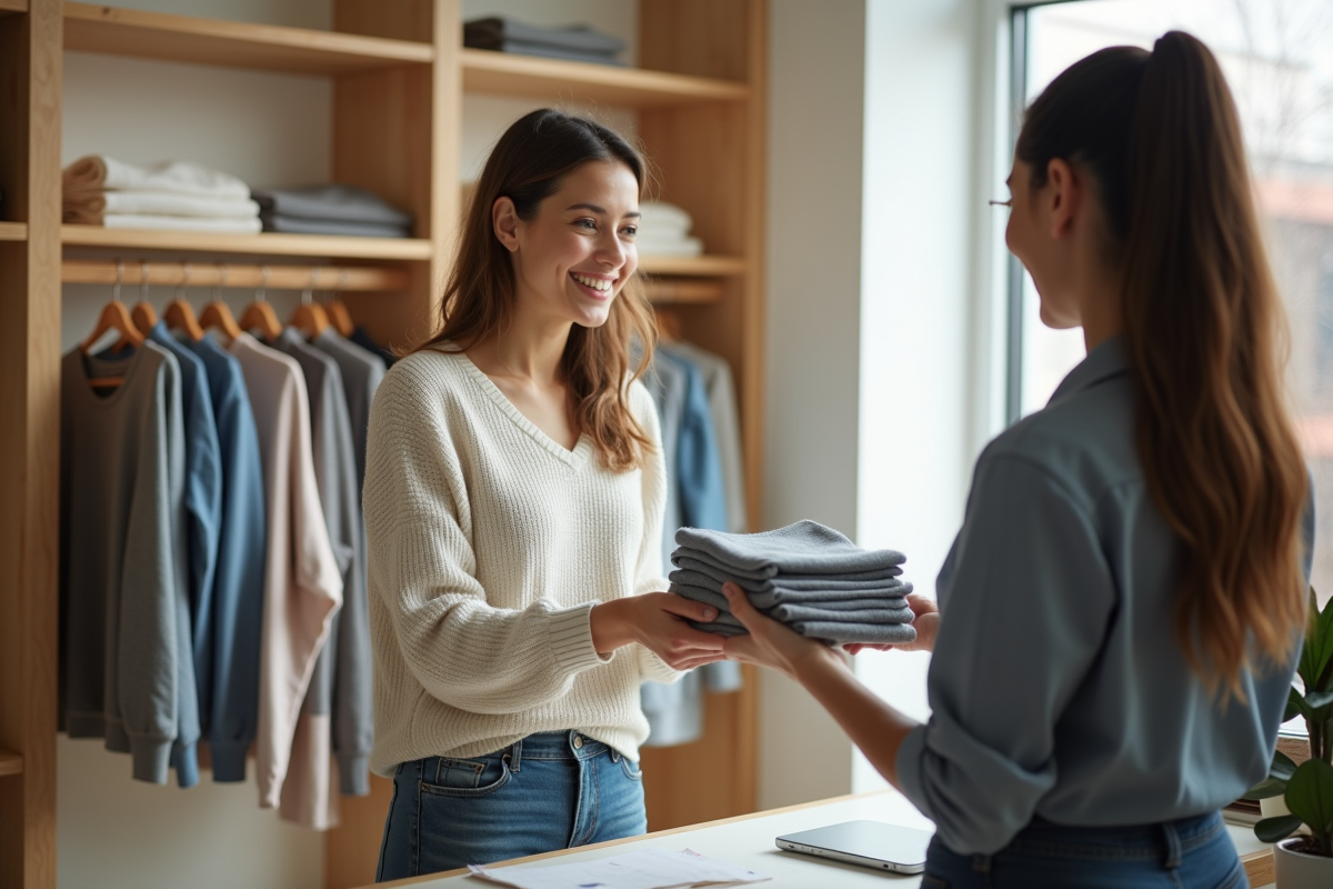 Femme souriante donnant des vêtements propres au personnel en magasin