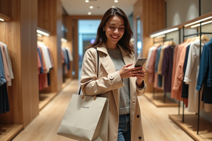 Femme élégante en trench et sacs à la boutique