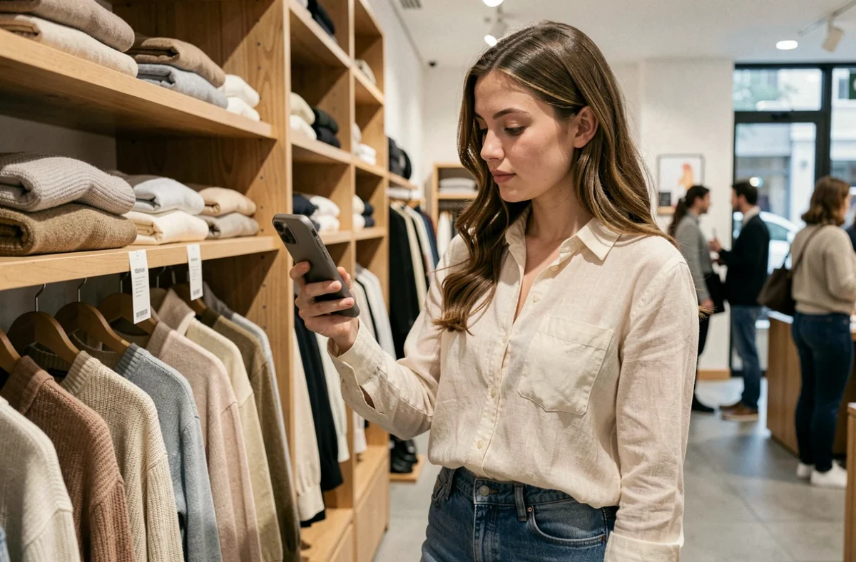 Femme consultant son smartphone pour vérifier une équivalence de taille australie france dans une boutique de vêtements