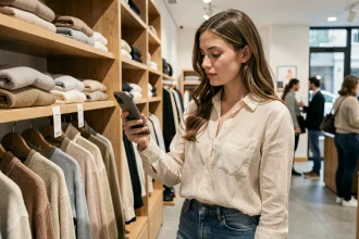 Femme consultant son smartphone pour vérifier une équivalence de taille australie france dans une boutique de vêtements