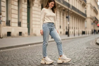 Jeune femme portant des sneakers Balenciaga chunky oversize avec un jean slim et un col roulé crème dans une rue parisienne