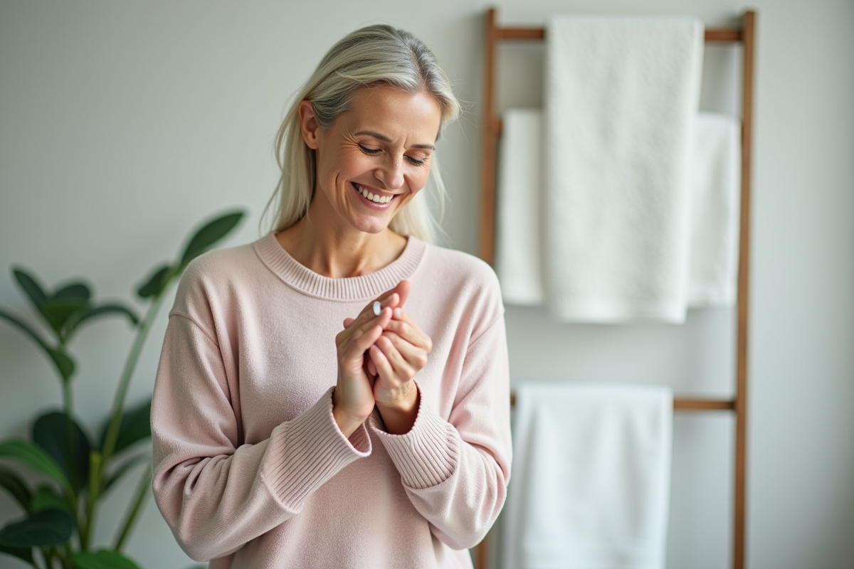 Femme appliquant crème mains dans salle de bain lumineuse