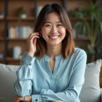 Femme souriante en portrait dans un salon moderne