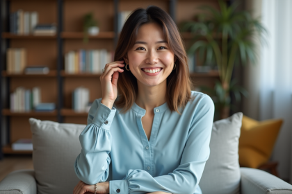 Femme souriante en portrait dans un salon moderne