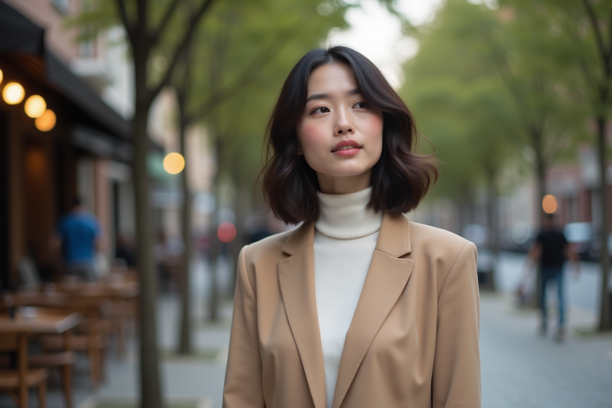 Femme élégante en blazer beige dans une rue urbaine
