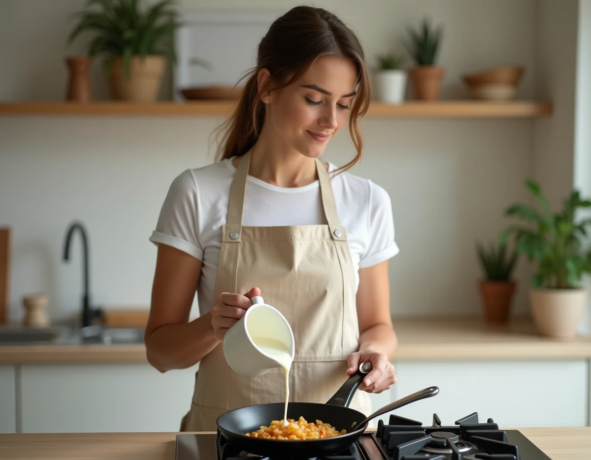 Jeune femme en tablier de lin versant de la crème fraîche dans une poêle avec des oignons caramélisés sur une cuisinière à gaz moderne