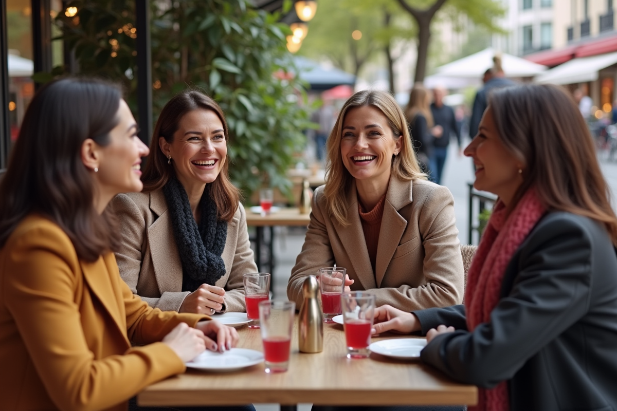 Groupe de femmes souriantes avec rouges à lèvres longs en terrasse